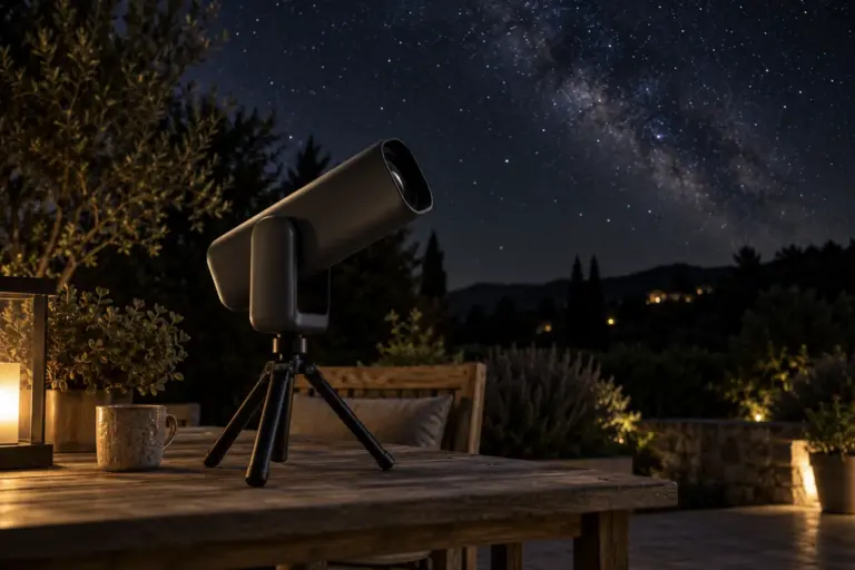 Compact smart telescope on a small tripod on a patio table under a starry sky