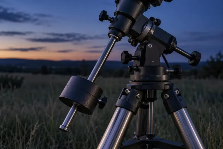 Close-up of an equatorial telescope mount with counterweight on a tripod at twilight