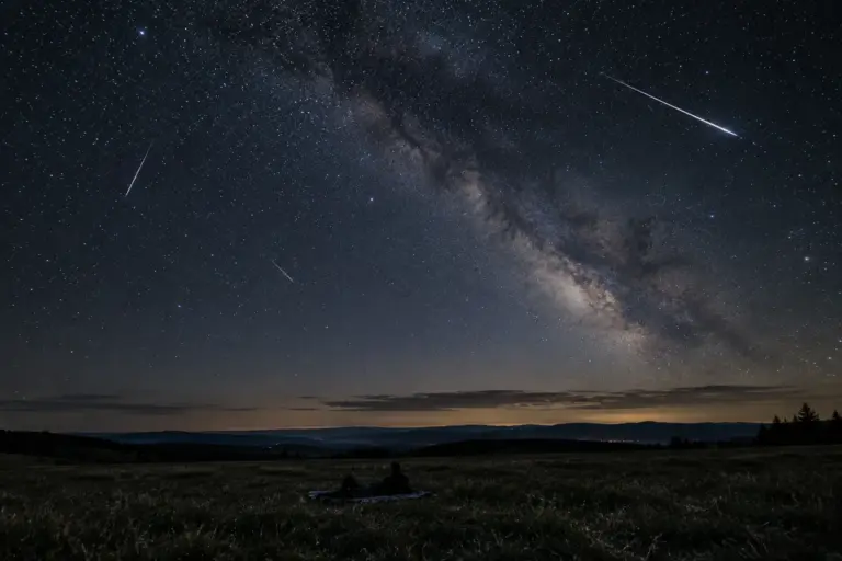 Meteors streaking across a star-filled night sky and the Milky Way