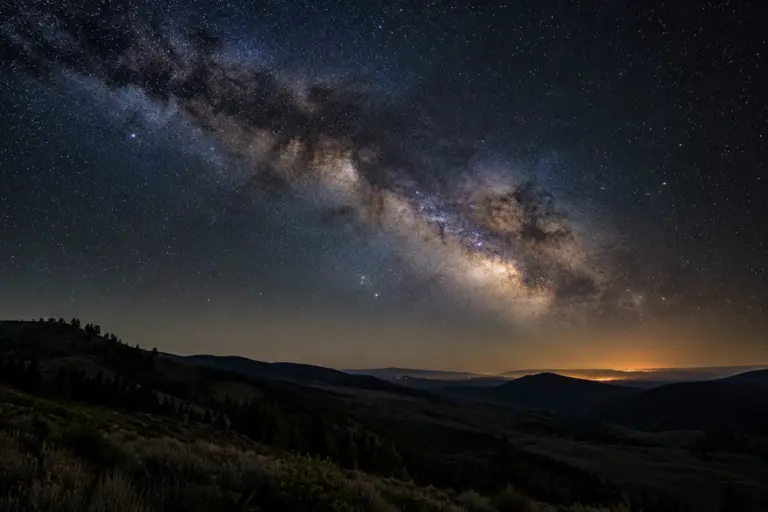 Milky Way over dark rolling hills with a faint glow of a distant town on the horizon