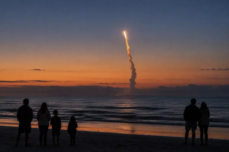 Rocket launch plume rising over the sea at twilight as spectators watch from a beach