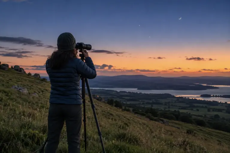 Stargazer using binoculars on a tripod on a grassy hillside at dusk