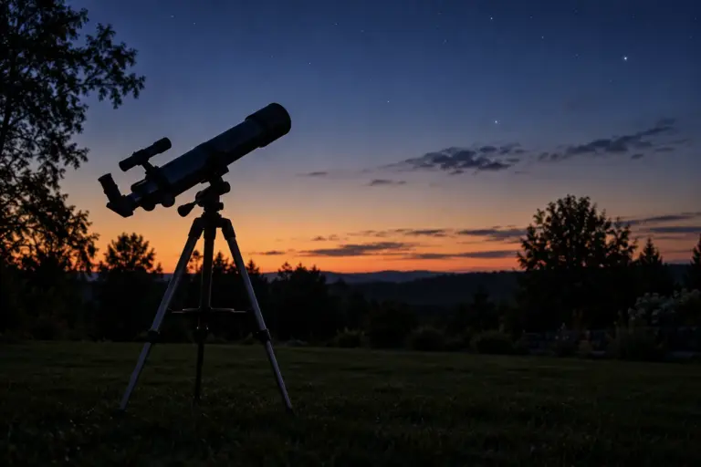 Backyard telescope on a tripod silhouetted against a dusk sky